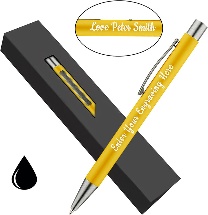 Personalised Yellow Ballpoint Pen with Rubber Design and Silver Trim in Gift Box or Velvet Pouch