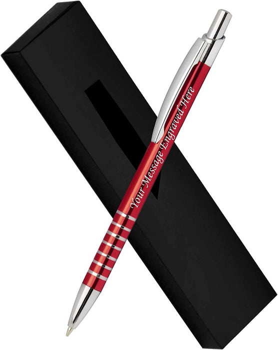 Personalised Engraved Black Aluminium Ballpoint Pen with Striped Silver Trim and Presentation Box