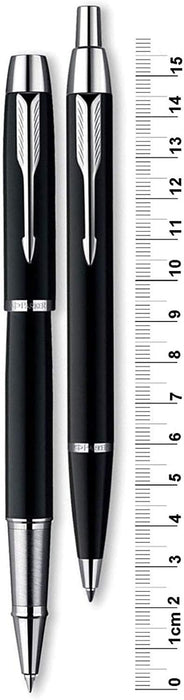 Personalised Parker IM Black Ballpen & Rollerball with Silver Trim in Parker Leather Pouch and Gift Box