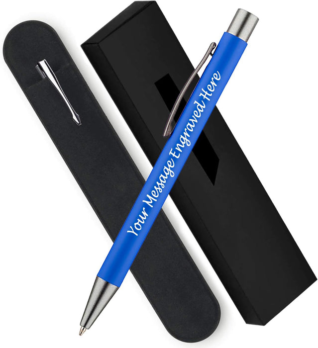 Personalised Dark Blue Ballpoint Pen with Rubber Design and Silver Trim in Gift Box or Velvet Pouch