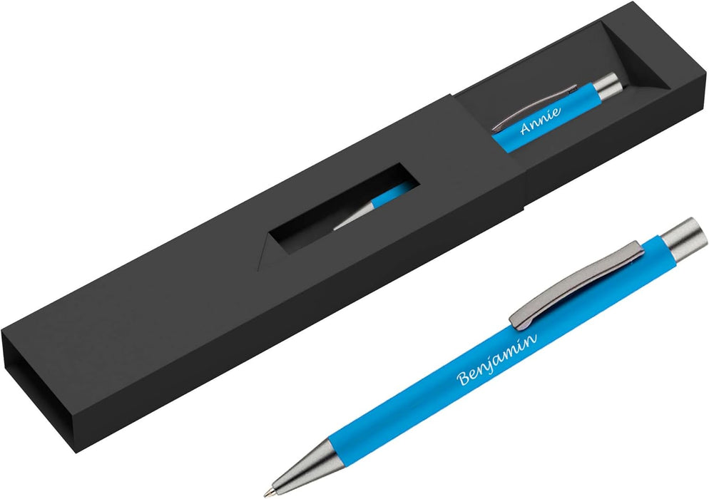 Personalised Light Blue Ballpoint Pen with Rubber Design and Silver Trim in Gift Box or Velvet Pouch