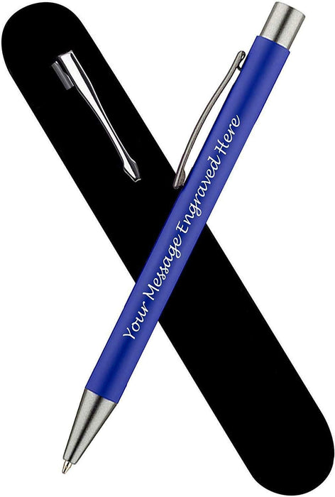 Personalised Dark Blue Ballpoint Pen with Rubber Design and Silver Trim in Gift Box or Velvet Pouch