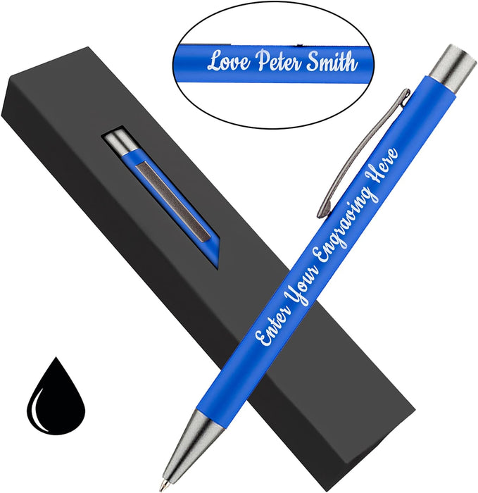 Personalised Royal Blue Ballpoint Pen with Rubber Design and Silver Trim in Gift Box or Velvet Pouch