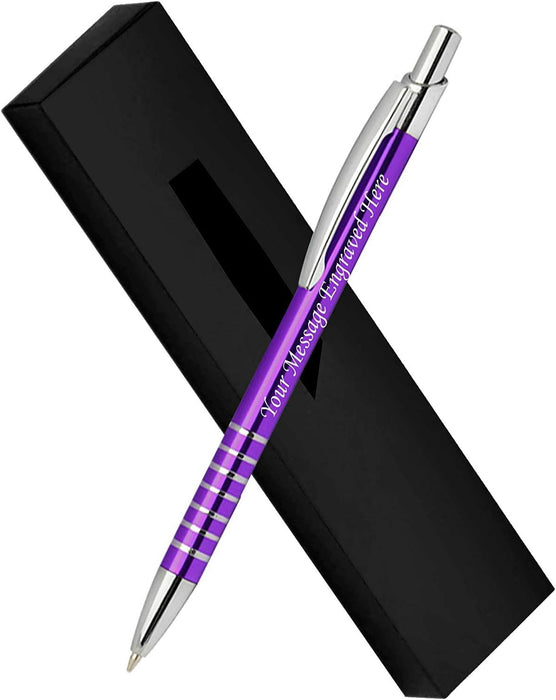 Personalised Engraved Black Aluminium Ballpoint Pen with Striped Silver Trim and Presentation Box