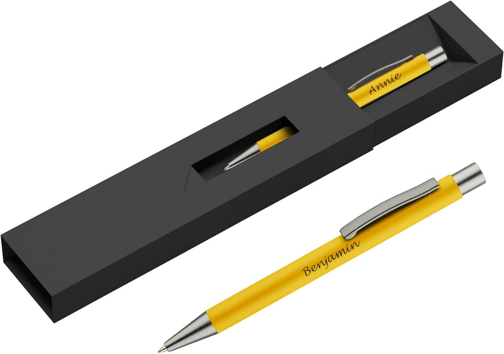 Personalised Yellow Ballpoint Pen with Rubber Design and Silver Trim in Gift Box or Velvet Pouch