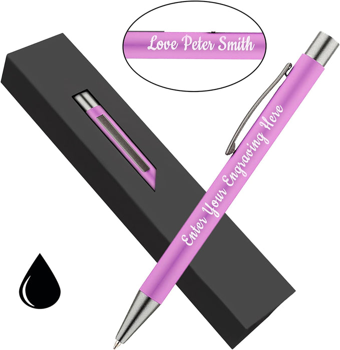 Personalised Pink Ballpoint Pen with Rubber Design and Silver Trim in Gift Box or Velvet Pouch