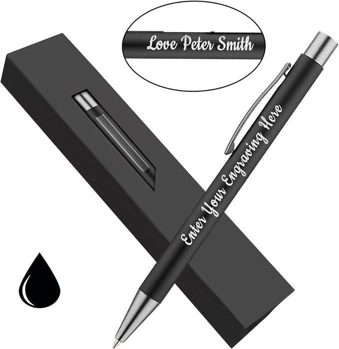 Personalised Black Ballpoint Pen with Rubber Design and Silver Trim in Gift Box or Velvet Pouch