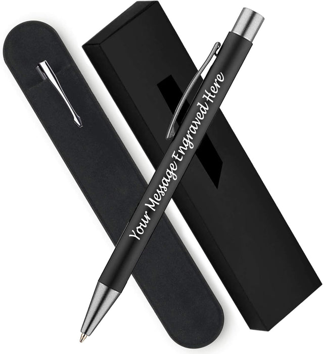 Personalised Black Ballpoint Pen with Rubber Design and Silver Trim in Gift Box or Velvet Pouch