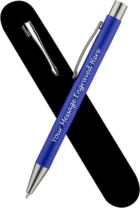 Personalised Dark Blue Ballpoint Pen with Rubber Design and Silver Trim in Gift Box or Velvet Pouch