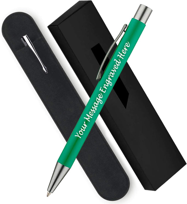 Personalised Green Ballpoint Pen with Rubber Design and Silver Trim in Gift Box or Velvet Pouch