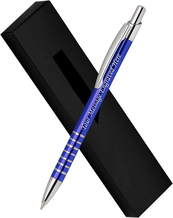 Personalised Engraved Black Aluminium Ballpoint Pen with Striped Silver Trim and Presentation Box