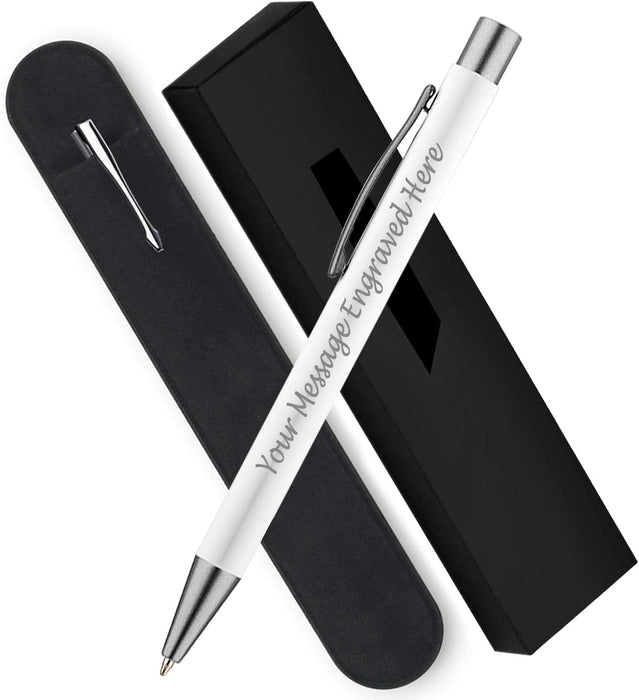 Personalised White Ballpoint Pen with Rubber Design and Silver Trim in Gift Box or Velvet Pouch