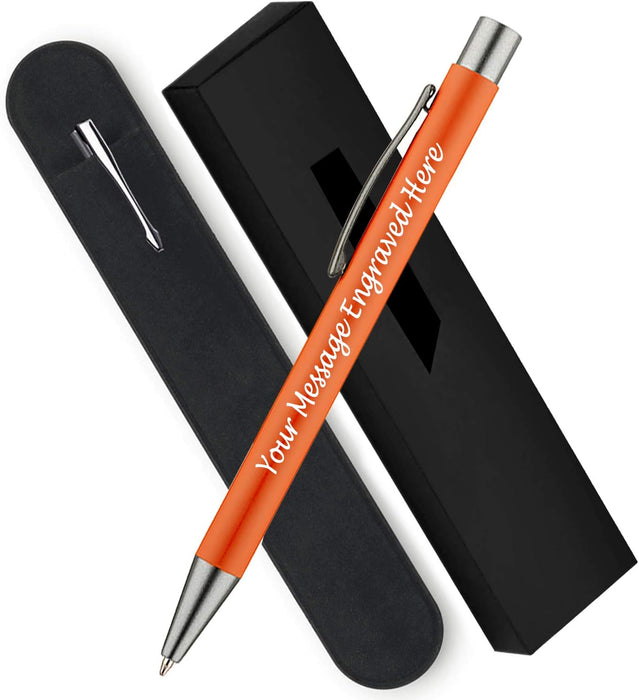 Personalised Orange Ballpoint Pen with Rubber Design and Silver Trim in Gift Box or Velvet Pouch