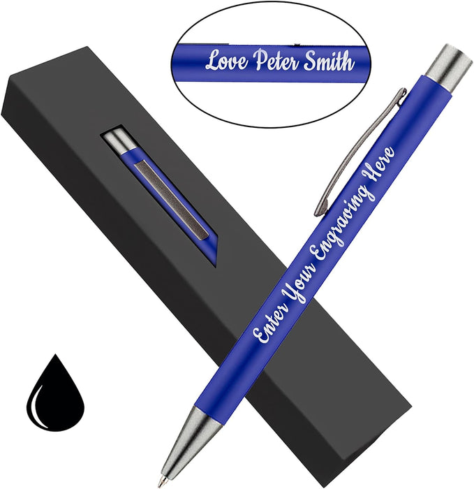 Personalised Dark Blue Ballpoint Pen with Rubber Design and Silver Trim in Gift Box or Velvet Pouch