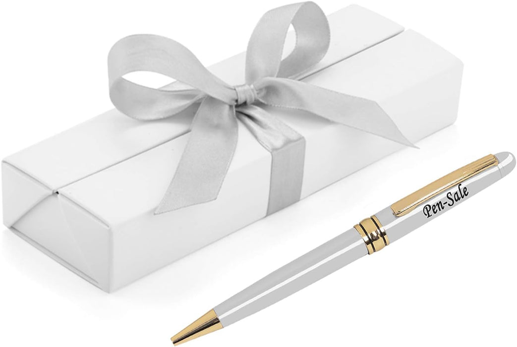 Personalised Engraved Silver Ballpoint Pen with Gold Trim in Gift Box