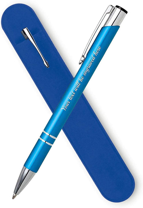 Personalised Engraved Light Blue Ballpen with Silver Trim in Gift Box or Velvet Pouch with Refill Options