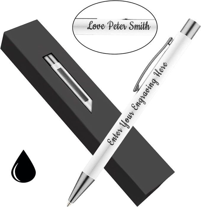 Personalised White Ballpoint Pen with Rubber Design and Silver Trim in Gift Box or Velvet Pouch