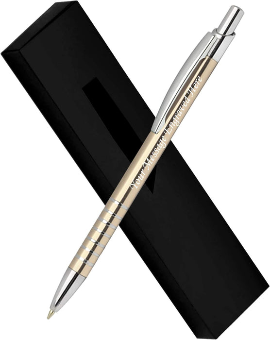 Personalised Engraved Black Aluminium Ballpoint Pen with Striped Silver Trim and Presentation Box