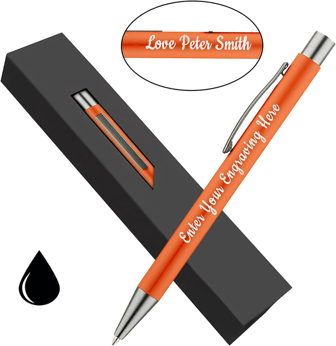 Personalised Orange Ballpoint Pen with Rubber Design and Silver Trim in Gift Box or Velvet Pouch