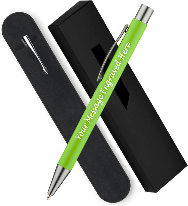 Personalised Lime Green Ballpoint Pen with Rubber Design and Silver Trim in Gift Box or Velvet Pouch