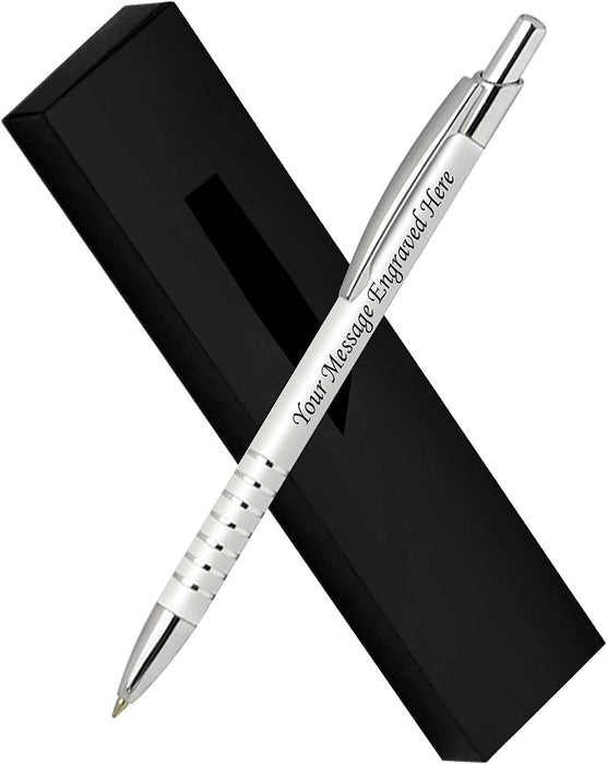 Personalised Engraved Black Aluminium Ballpoint Pen with Striped Silver Trim and Presentation Box