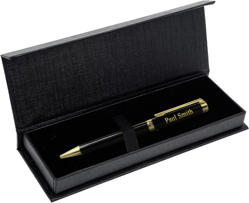 Paul Clover Personalised Black Lacquer Ballpoint Pen with Gold Trim in Chrome Case