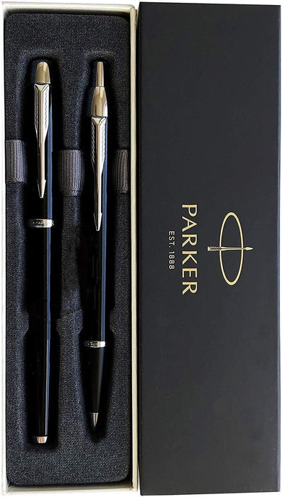 Personalised Parker IM Black Ballpen & Rollerball Pen Set with Silver Trim in Parker Presentation Box