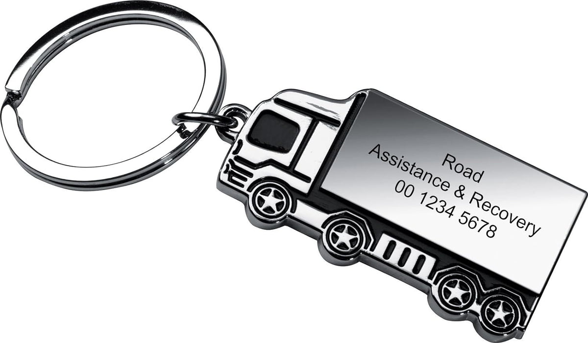 Personalised Engraved Chrome Flat Lorry Truck Shape Keyring in Protective Sleeve