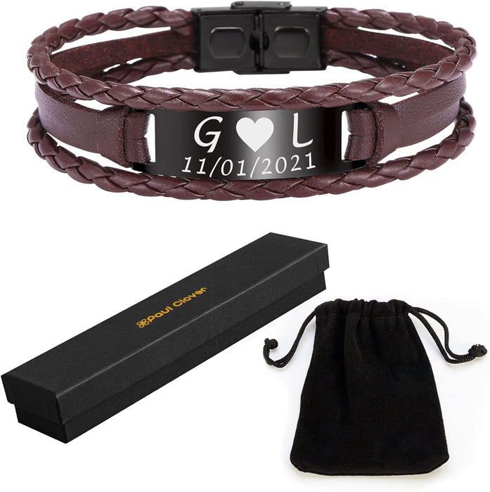 Personalised Leather Bracelet with Gift Box and Velvet Pouch