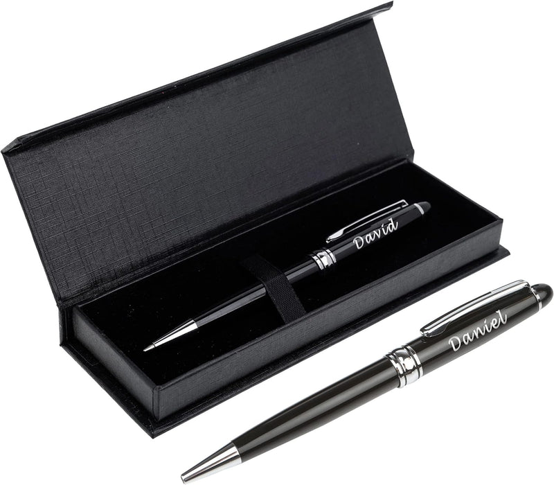 Personalised Engraved Black Ballpoint Pen with Silver Trim in Gift Box