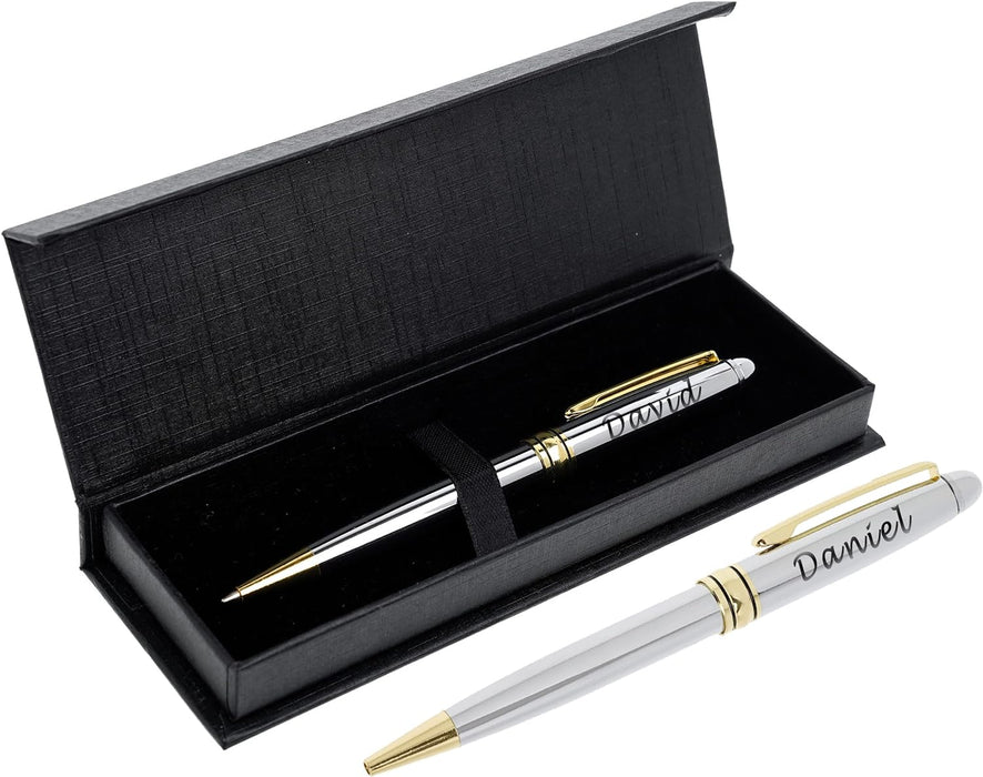 Personalised Engraved Silver Ballpoint Pen with Gold Trim in Gift Box