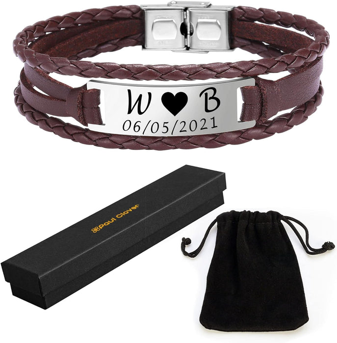 Personalised Leather Bracelet with Gift Box and Velvet Pouch