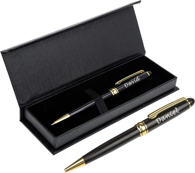 Personalised Engraved Black Ballpoint Pen with Gold Trim in Gift Box