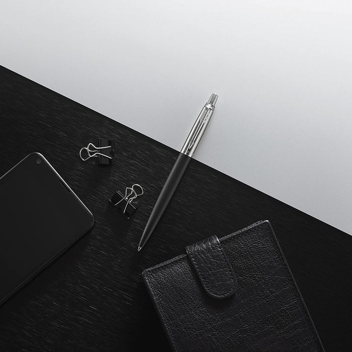 Personalised Engraved Parker Jotter Black Ballpoint Pen in Gift Box and Genuine Leather Pouch