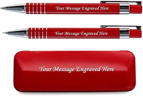 Personalised Engraved Red Pen and Pencil Set with Silver Trim in Engraved Red Case