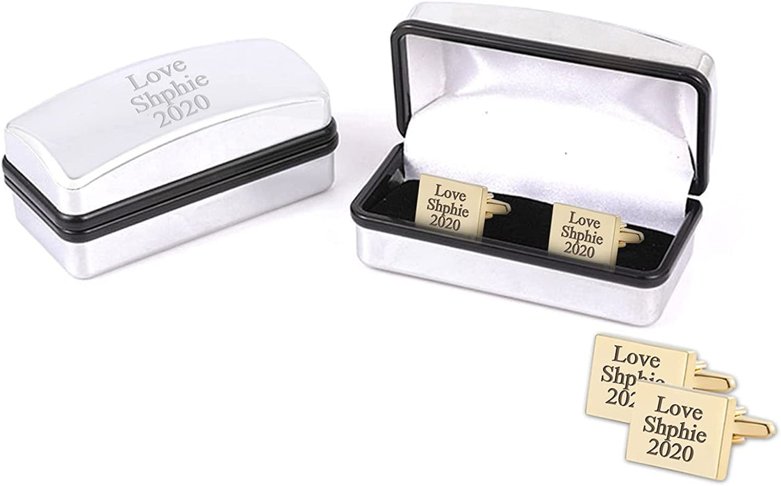 Personalised Large Gold-Plated Rectangle Cufflinks in Chrome Gift Case and Velvet Pouch