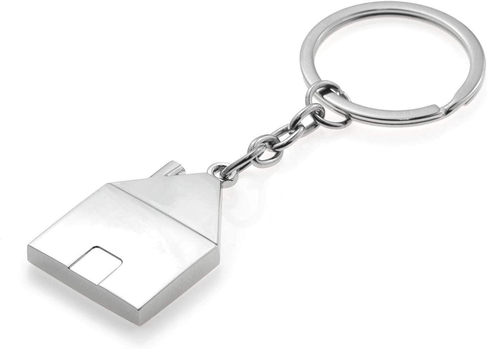 Personalised Engraved Chunky Chrome House Shape Keyring in Protective Sleeve