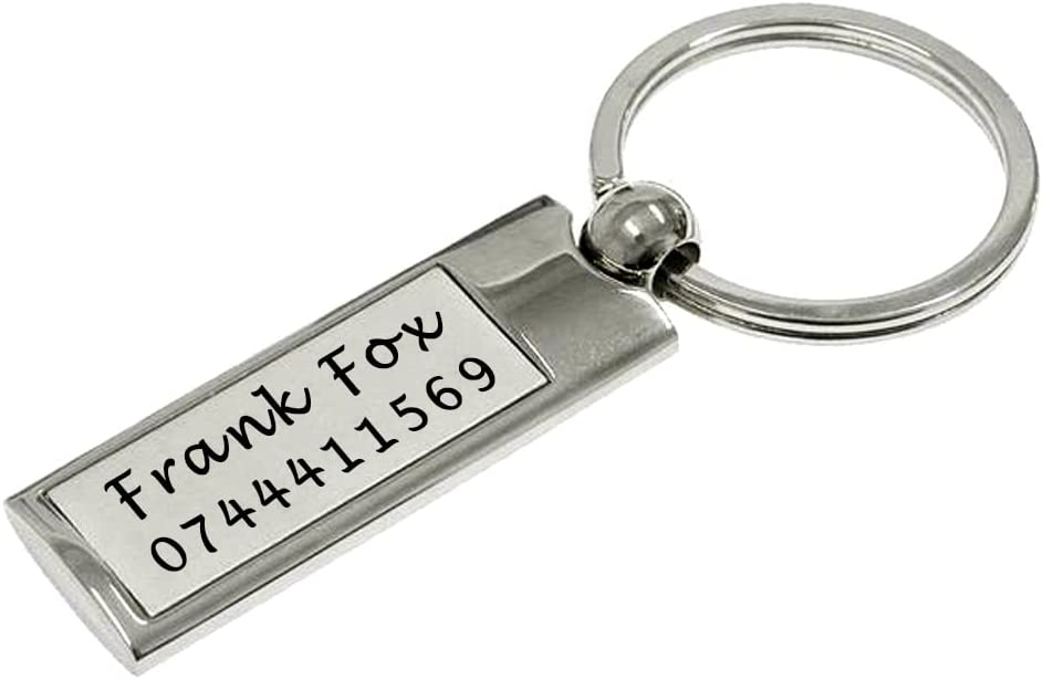 Personalised Engraved Chrome Rectangle Tag Keyring in Protective Sleeve