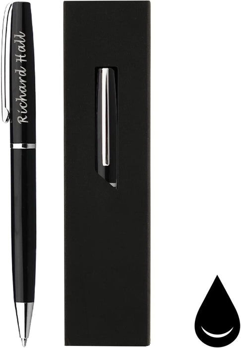 Paul Clover Personalised Engraved Glossy Black Ballpoint Pen with Silver Trim and Presentation Box