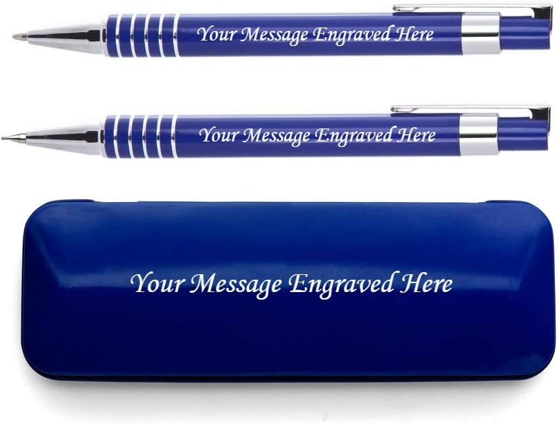 Personalised Engraved Blue Pen and Pencil Set with Silver Trim in Engraved Blue Case