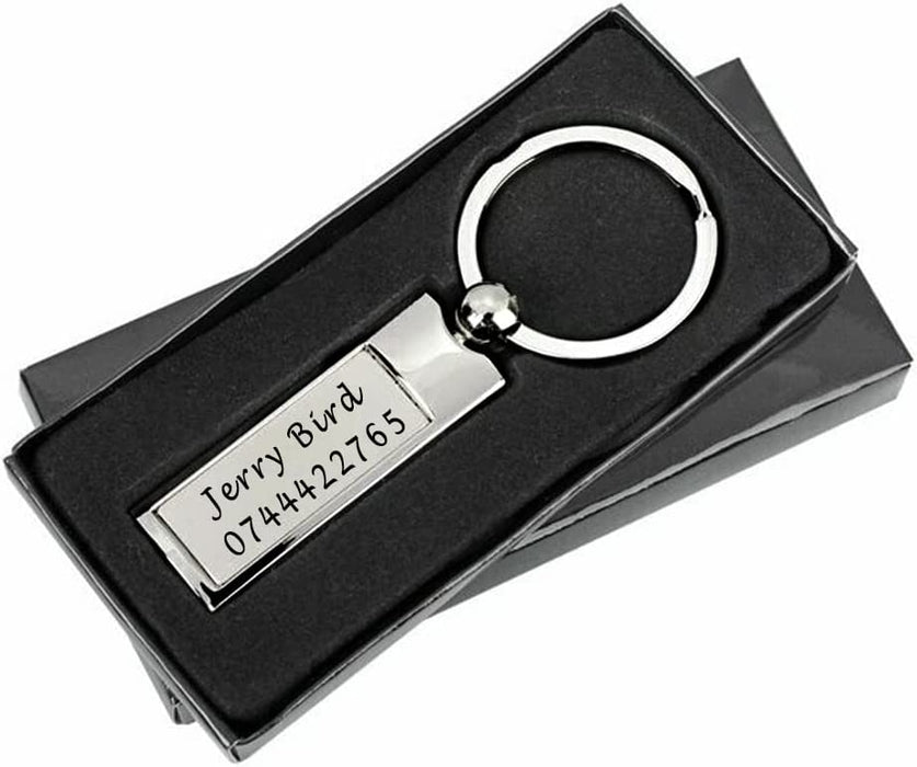 Personalised Engraved Chrome Rectangle Tag Keyring in Protective Sleeve