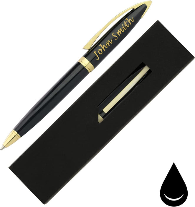 Paul Clover Personalised Glossy Black Ballpoint Pen with Gold Trim and Gift Box