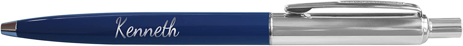 Personalised Engraved Navy Blue Slim Ballpoint Pen with Silver Trim in Chrome Case or Gift Box