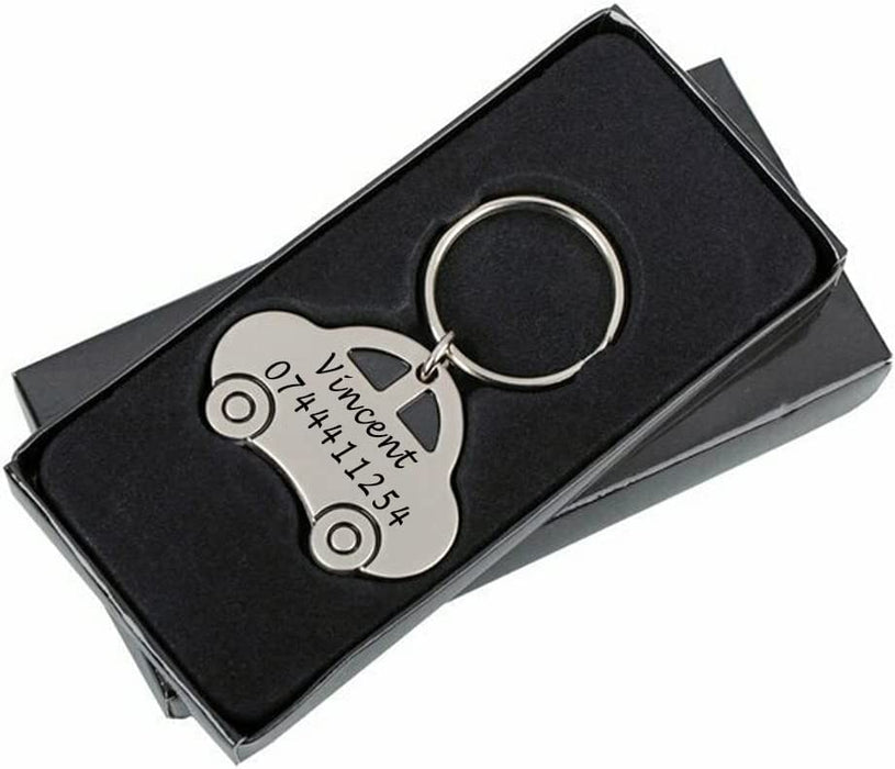 Personalised Engraved Chrome Motor Car Vehicle Shape Keyring in Protective Sleeve