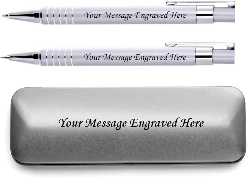 Personalised Engraved White Pen and Pencil Set with Silver Trim in Engraved White Case