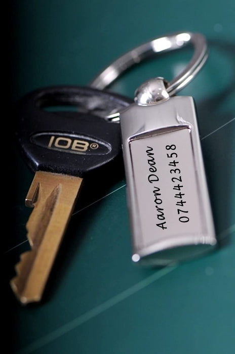 Personalised Engraved Chrome Rectangle Tag Keyring in Protective Sleeve