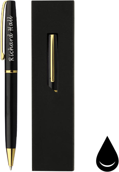 Paul Clover Personalised Engraved Glossy Black Ballpoint Pen with Gold Trim and Presentation Box