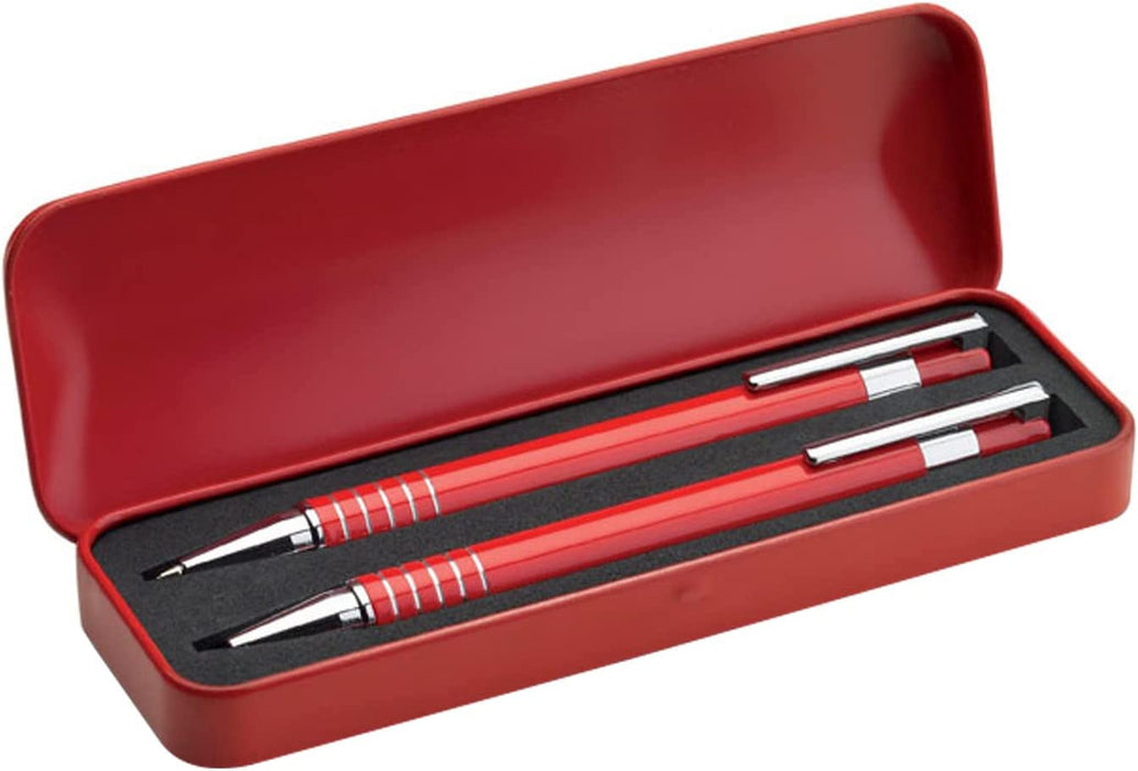 Personalised Engraved Red Pen and Pencil Set with Silver Trim in Engraved Red Case