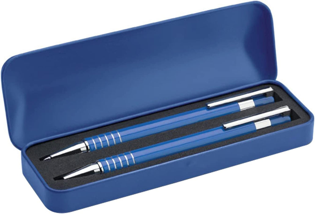 Personalised Engraved Blue Pen and Pencil Set with Silver Trim in Engraved Blue Case