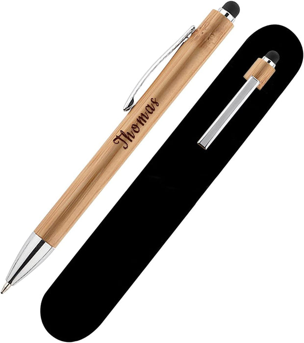 Paul Clover Personalised Engraved Natural Bamboo Ballpen and Black Stylus Tip with Velvet Pouch